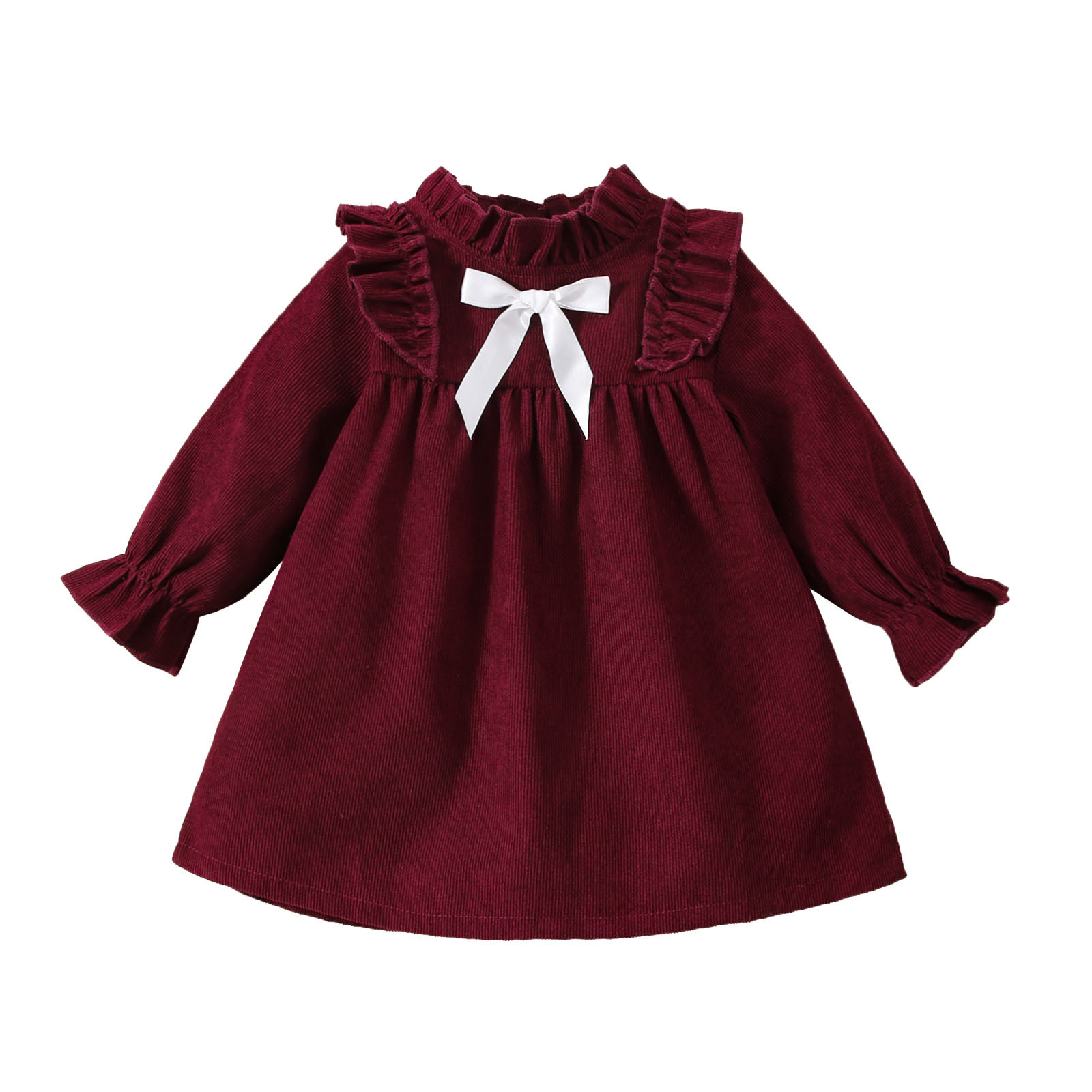 JSCDRPDWL Flower Girl Dress Toddler Kids Girls Fashionable Soild Bowknot Long Sleeves Princess Dress Baby Girls' Clothing Wine 9-12 Months